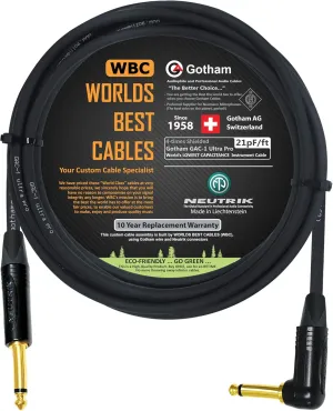 10 Foot - Gotham GAC-1 Ultra Pro - Premium Low-Cap (21 pf/F) Guitar Bass Instrument Cable – w/Neutrik Gold Straight to Angled ¼ inch (6.35mm) TS Connectors - Custom Made by WORLDS BEST CABLES