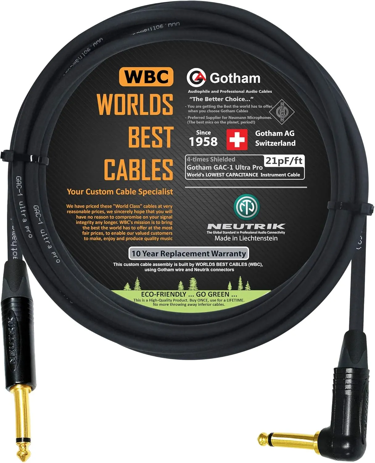 10 Foot - Gotham GAC-1 Ultra Pro - Premium Low-Cap (21 pf/F) Guitar Bass Instrument Cable – w/Neutrik Gold Straight to Angled ¼ inch (6.35mm) TS Connectors - Custom Made by WORLDS BEST CABLES
