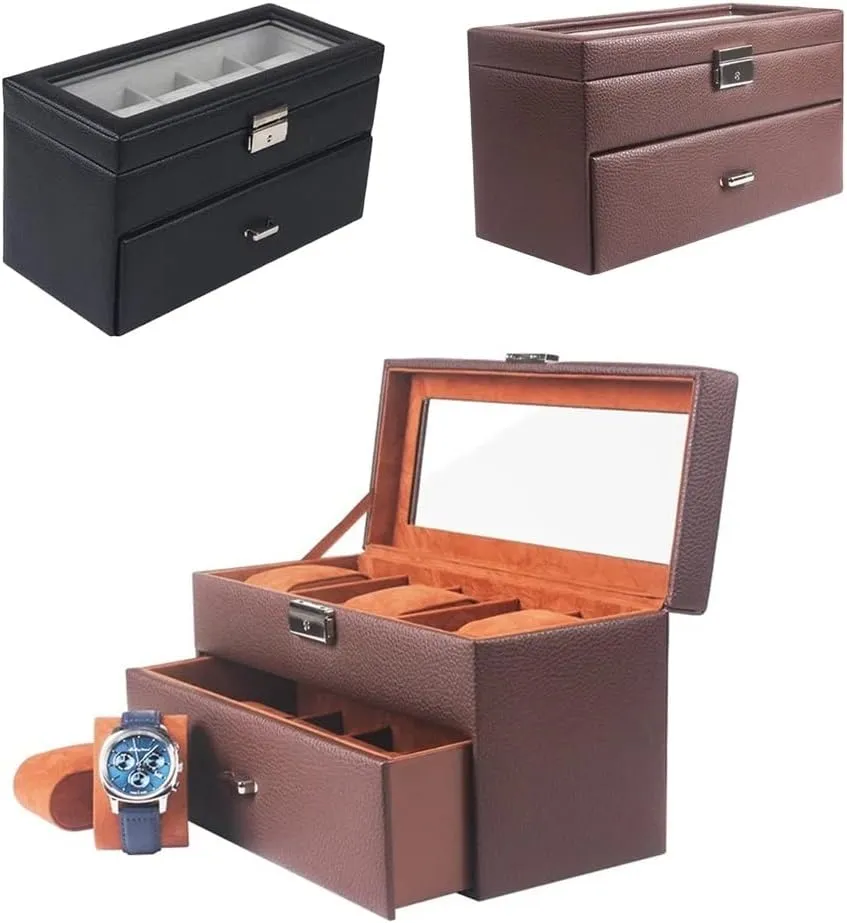 10 Slot Leather Watch Box Jewelry Display Drawer Watch Showcase with Lid (Color : Brown, Size : One Size) (Brown One Size)