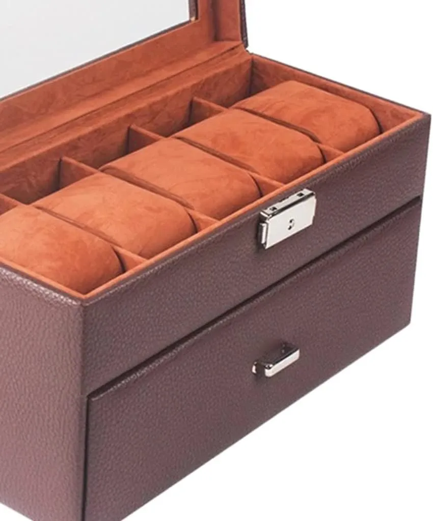 10 Slot Leather Watch Box Jewelry Display Drawer Watch Showcase with Lid (Color : Brown, Size : One Size) (Brown One Size)