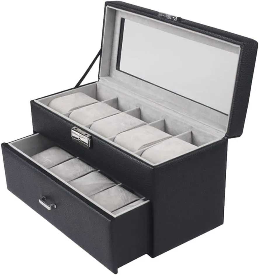 10 Slot Leather Watch Box Jewelry Display Drawer Watch Showcase with Lid (Color : Brown, Size : One Size) (Brown One Size)