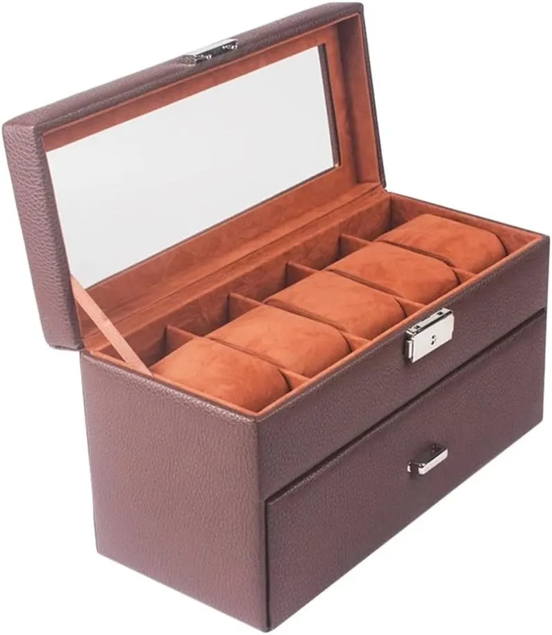 10 Slot Leather Watch Box Jewelry Display Drawer Watch Showcase with Lid (Color : Brown, Size : One Size) (Brown One Size)