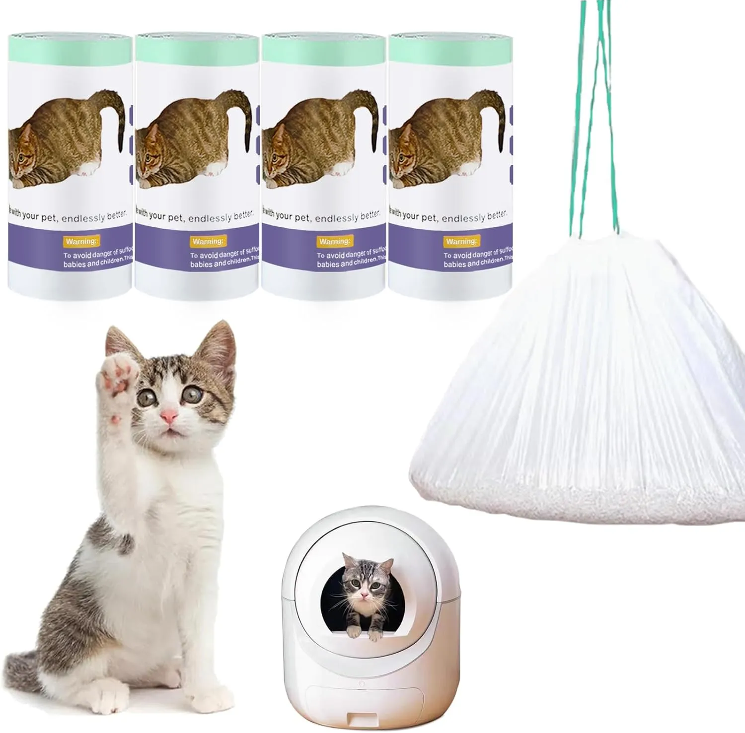 100 Count Self Cleaning Cat Litter Box Liner Bags Compatible with Automatic Cat Litter Box, Thick Heavy Duty Drawstring Replacement Waste Drawer Liners-25.2" x 11.8"