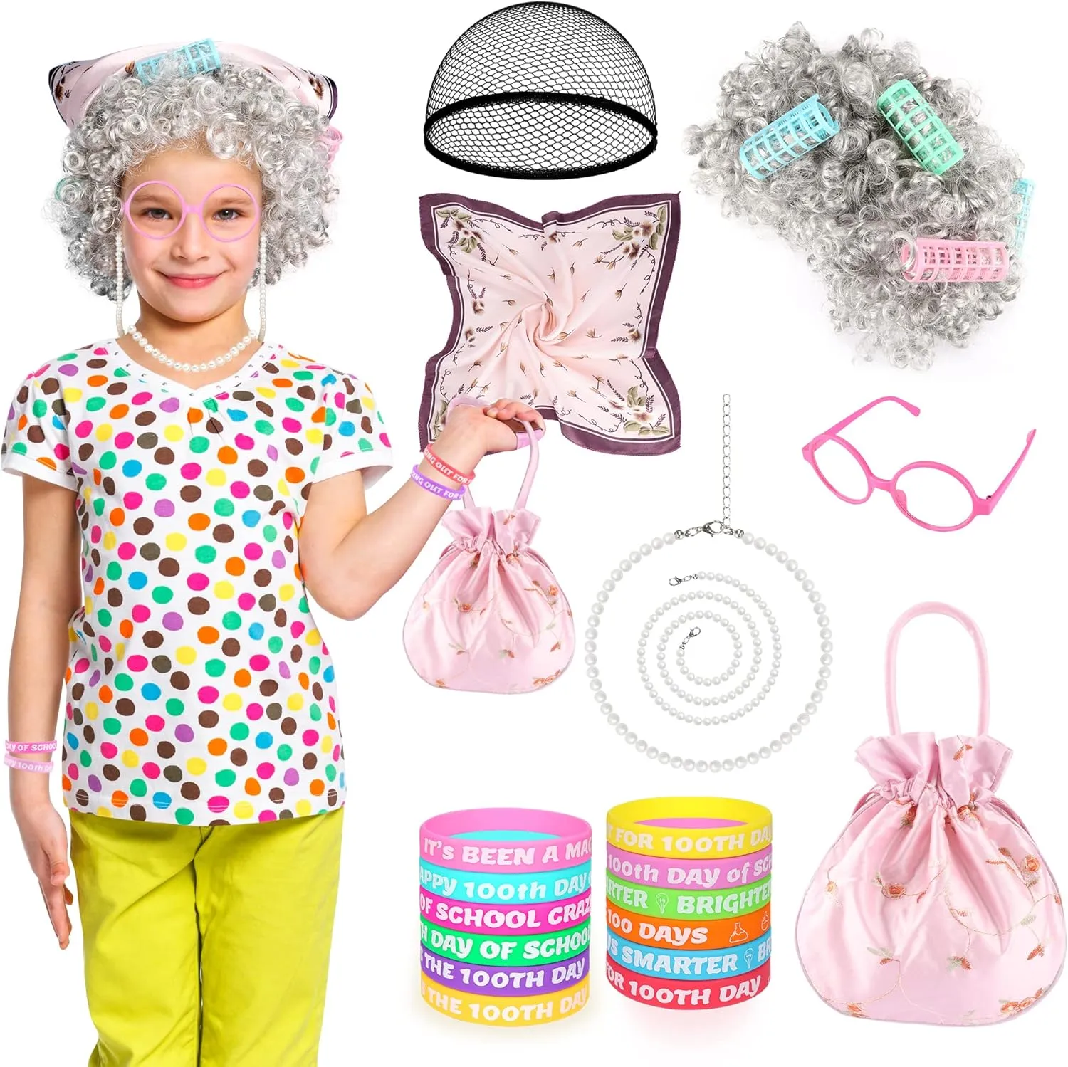 100 Days of School Costume for Girls Old Lady Wigs Costume for Kids Grandma Wigs for Kids with 100th Day of School Bracelets
