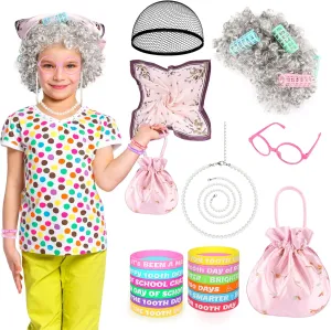 100 Days of School Costume for Girls Old Lady Wigs Costume for Kids Grandma Wigs for Kids with 100th Day of School Bracelets