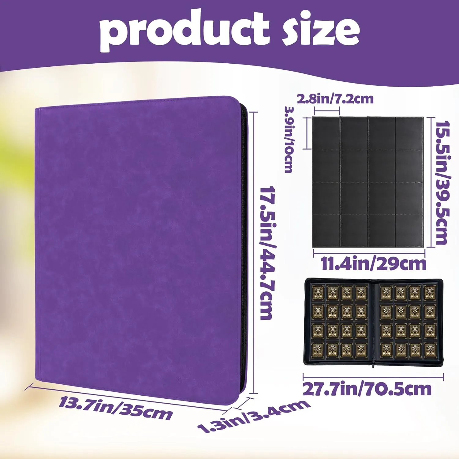 1000  Pockets Trading Card Binder, 16 Pockets Trading Card Binder Ringless Side Loading Trading Card Album Folder for TCG,MTG,Sports Cards(Purple)
