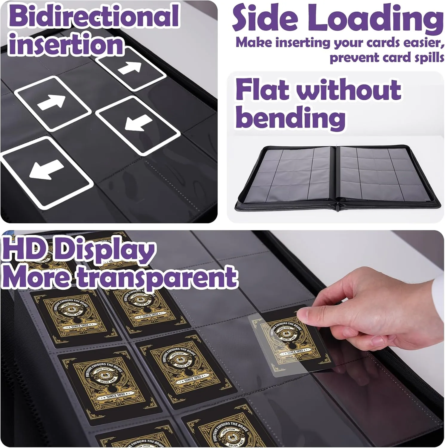 1000  Pockets Trading Card Binder, 16 Pockets Trading Card Binder Ringless Side Loading Trading Card Album Folder for TCG,MTG,Sports Cards(Purple)
