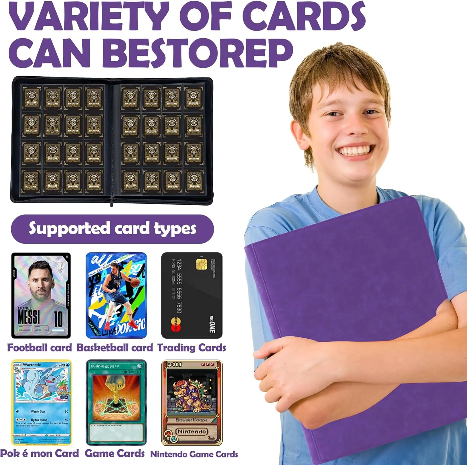 1000  Pockets Trading Card Binder, 16 Pockets Trading Card Binder Ringless Side Loading Trading Card Album Folder for TCG,MTG,Sports Cards(Purple)