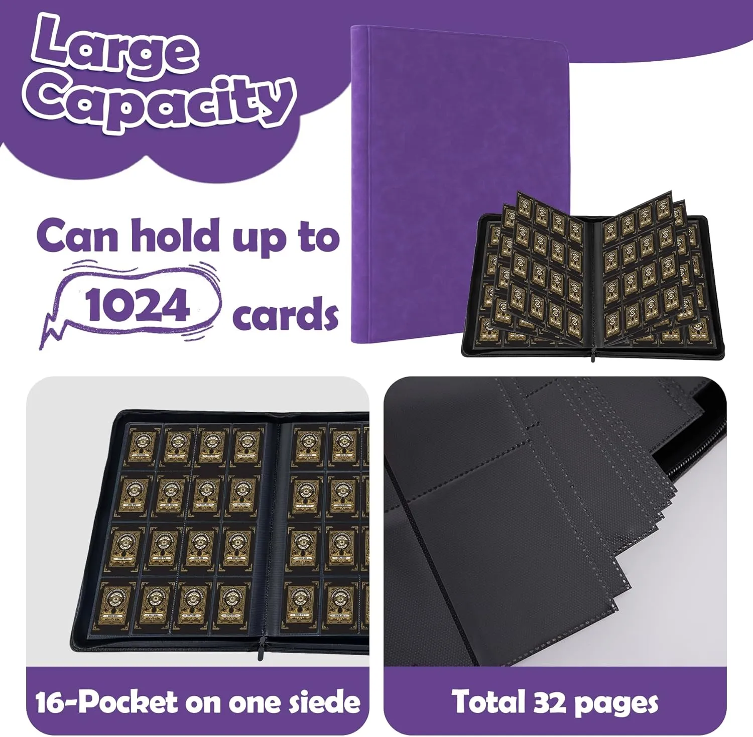 1000  Pockets Trading Card Binder, 16 Pockets Trading Card Binder Ringless Side Loading Trading Card Album Folder for TCG,MTG,Sports Cards(Purple)