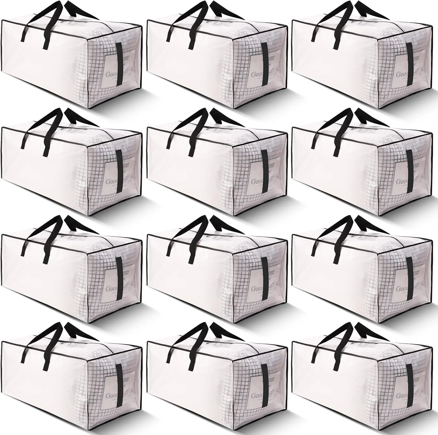 12 Pack Large Strong Moving Bags with Zippers & Carrying Handles - Water-Resistant - Heavy Duty Storage Tote for Space Saving, Fold Flat, Alternative to Moving Box (Semi-Transparent)