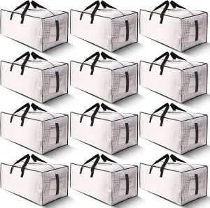 12 Pack Large Strong Moving Bags with Zippers & Carrying Handles - Water-Resistant - Heavy Duty Storage Tote for Space Saving, Fold Flat, Alternative to Moving Box (Semi-Transparent)