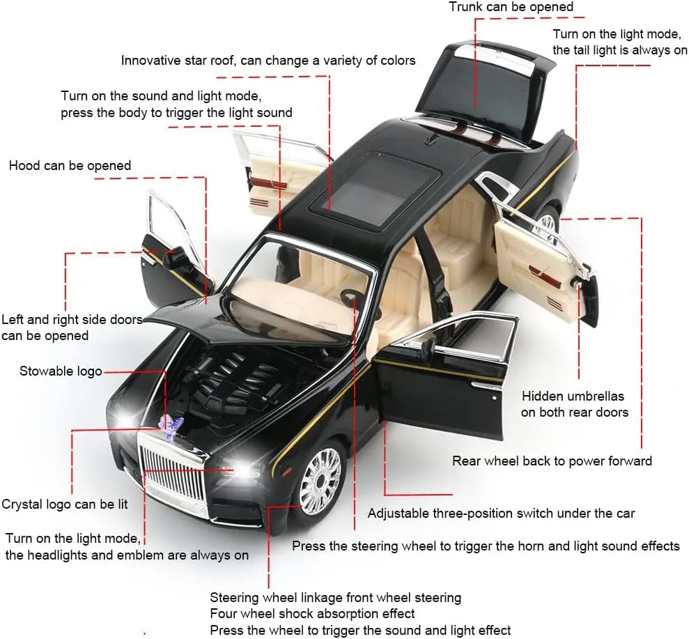 1/24 Diecast Car Model Rolls-Royce Phantom Toy Car, Alloy Collectible Phantom Replica Pull Back Model Car Vehicles with Sound and Light for Kids Boys Girls Birthday Gift