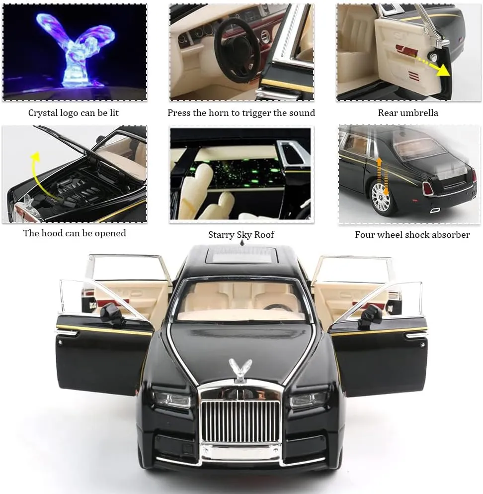 1/24 Diecast Car Model Rolls-Royce Phantom Toy Car, Alloy Collectible Phantom Replica Pull Back Model Car Vehicles with Sound and Light for Kids Boys Girls Birthday Gift