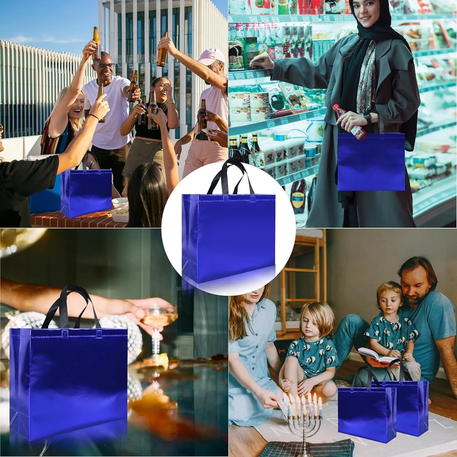 15 Pcs Glossy Blue Reusable Gift Bags with Handle, Non-woven Party Gift Bags Bulk with Sturdy Base for Birthday, Wedding, Easter, Holiday-12.6 x 4.7 x 11 In