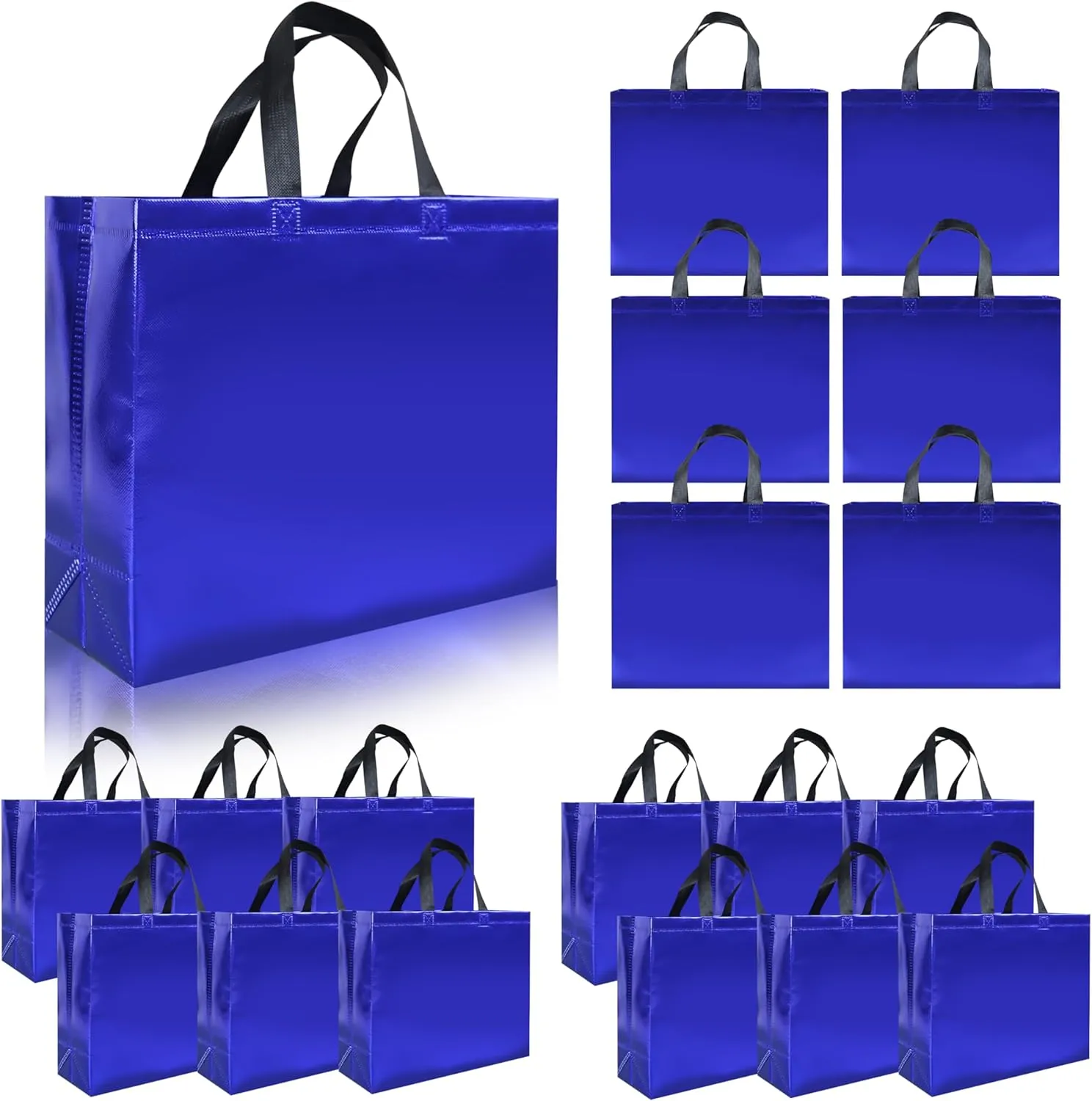 15 Pcs Glossy Blue Reusable Gift Bags with Handle, Non-woven Party Gift Bags Bulk with Sturdy Base for Birthday, Wedding, Easter, Holiday-12.6 x 4.7 x 11 In