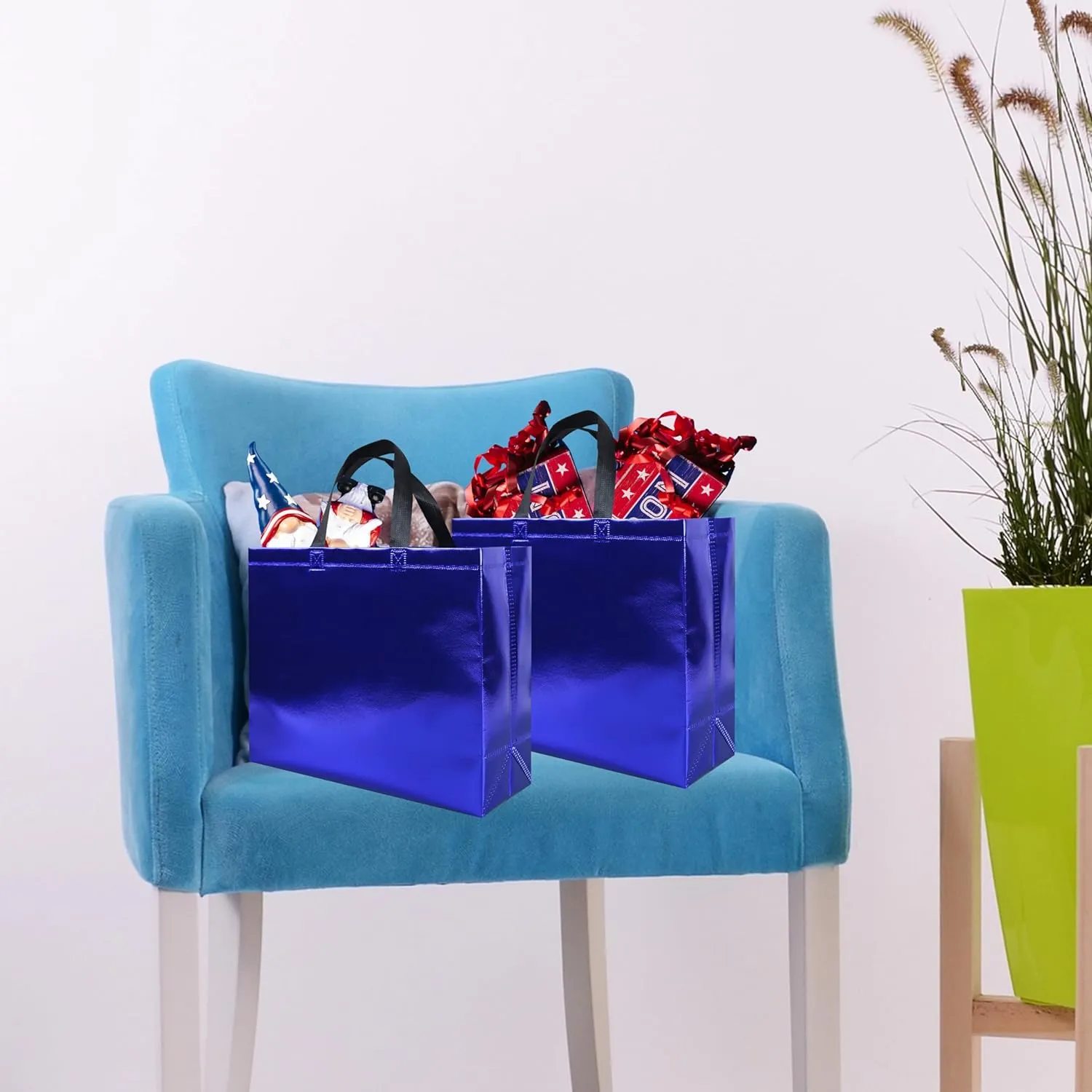 15 Pcs Glossy Blue Reusable Gift Bags with Handle, Non-woven Party Gift Bags Bulk with Sturdy Base for Birthday, Wedding, Easter, Holiday-12.6 x 4.7 x 11 In