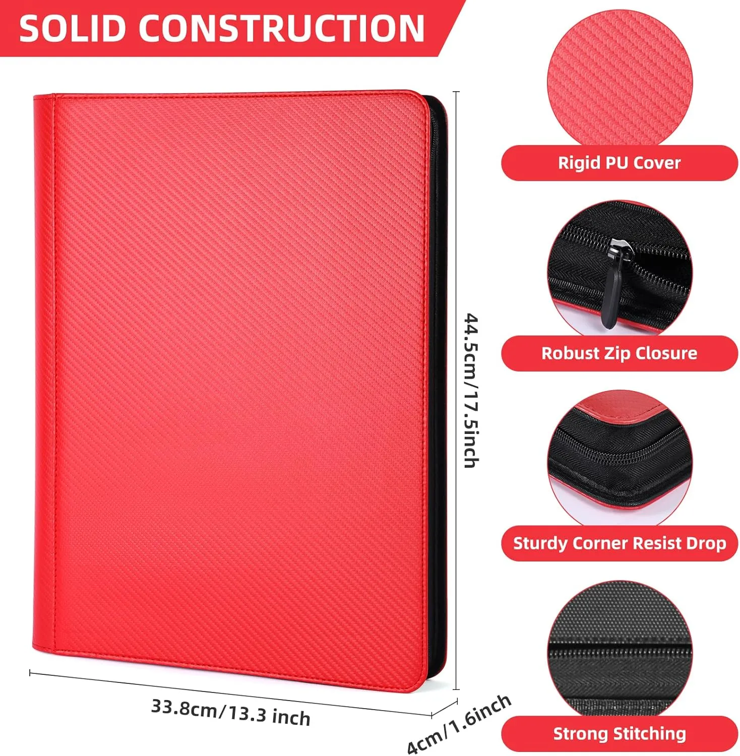 16 Pockets Card Binder, Premium PU Cover Trading Card Binder 1000 Pockets, Side Loading Card Collection Album Holder Ringless for MTG, Football, Baseball, Sports Card, Red