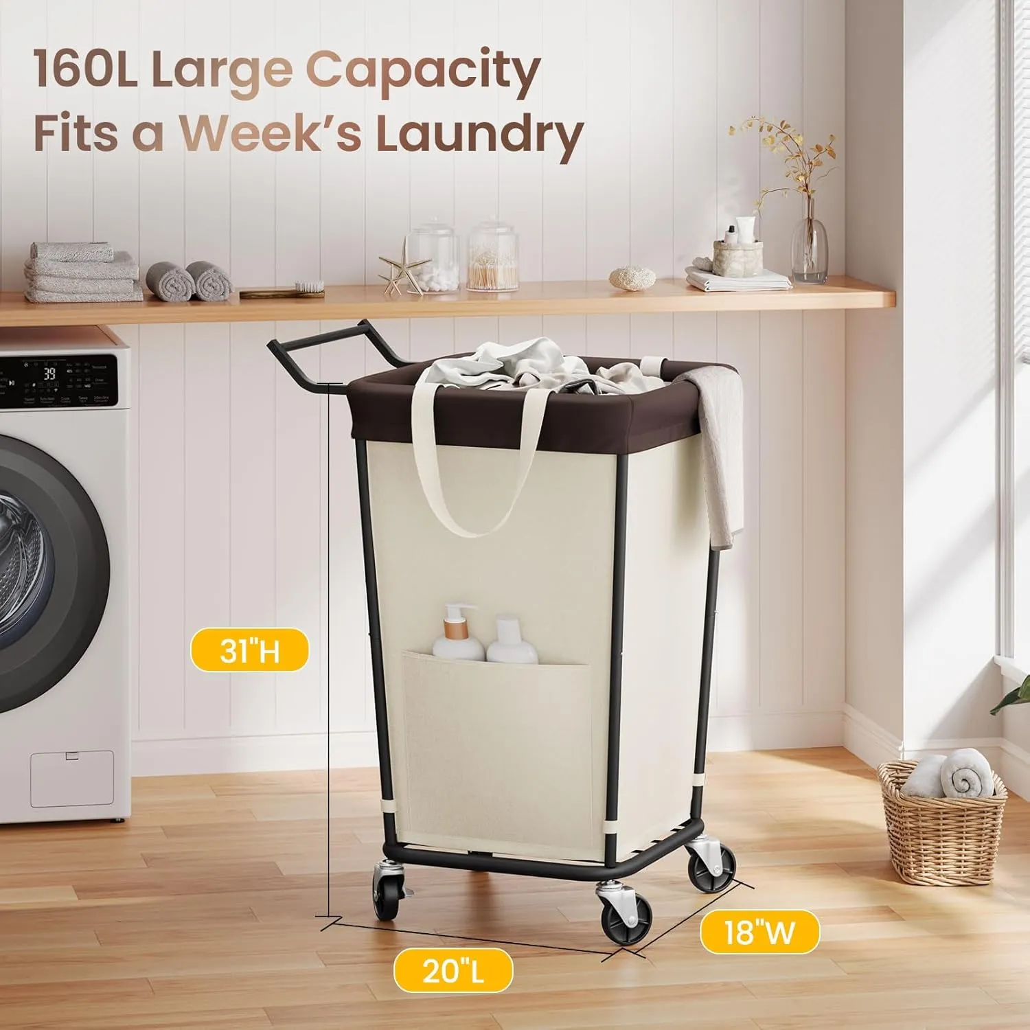 160L Laundry Hamper with Wheels and Handle, 2-Section Rolling Hamper for Laundry, Large Laundry Basket with Wheels, Rolling Laundry Basket Clothes Hamper for Home, Bathroom and Dorm(Beige)