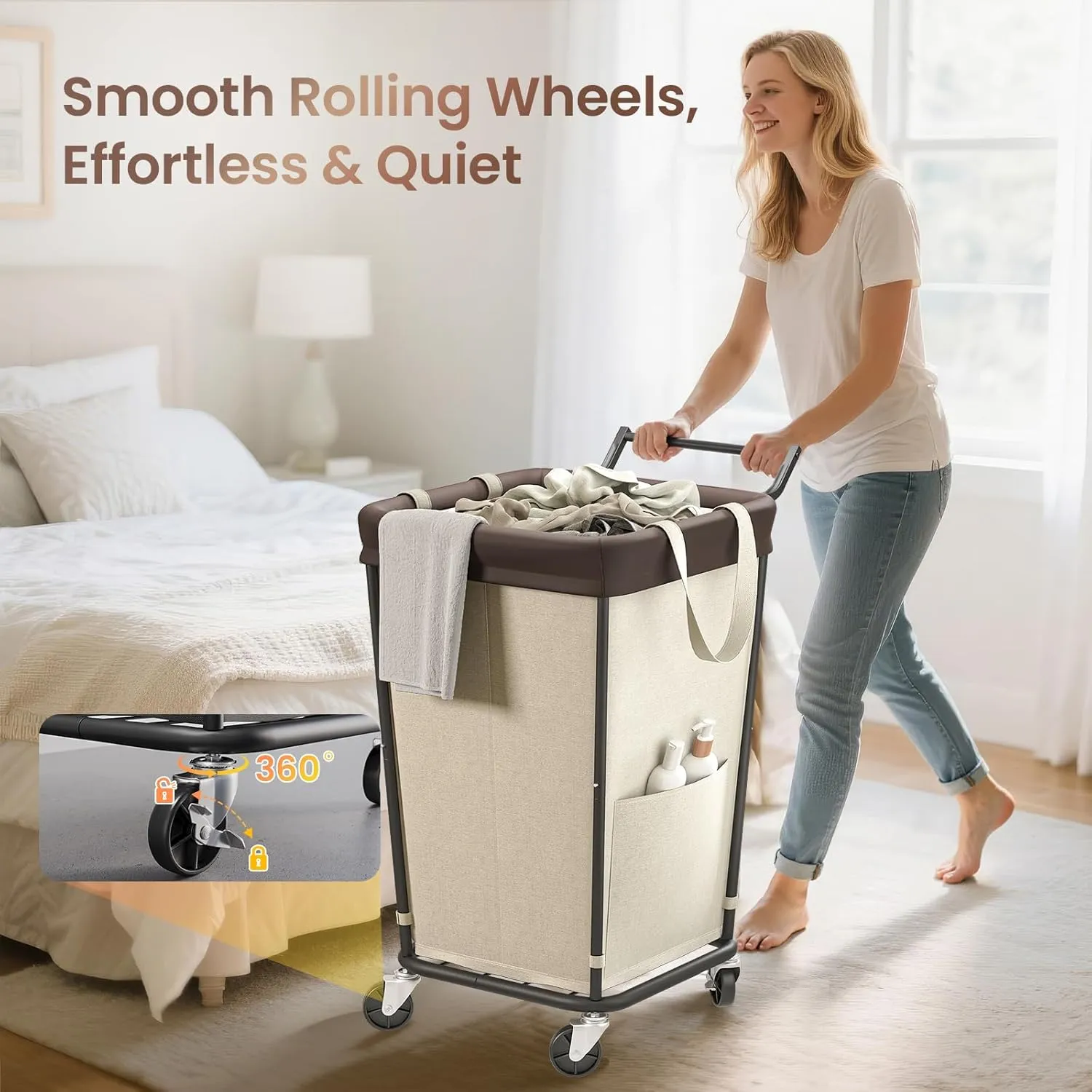 160L Laundry Hamper with Wheels and Handle, 2-Section Rolling Hamper for Laundry, Large Laundry Basket with Wheels, Rolling Laundry Basket Clothes Hamper for Home, Bathroom and Dorm(Beige)