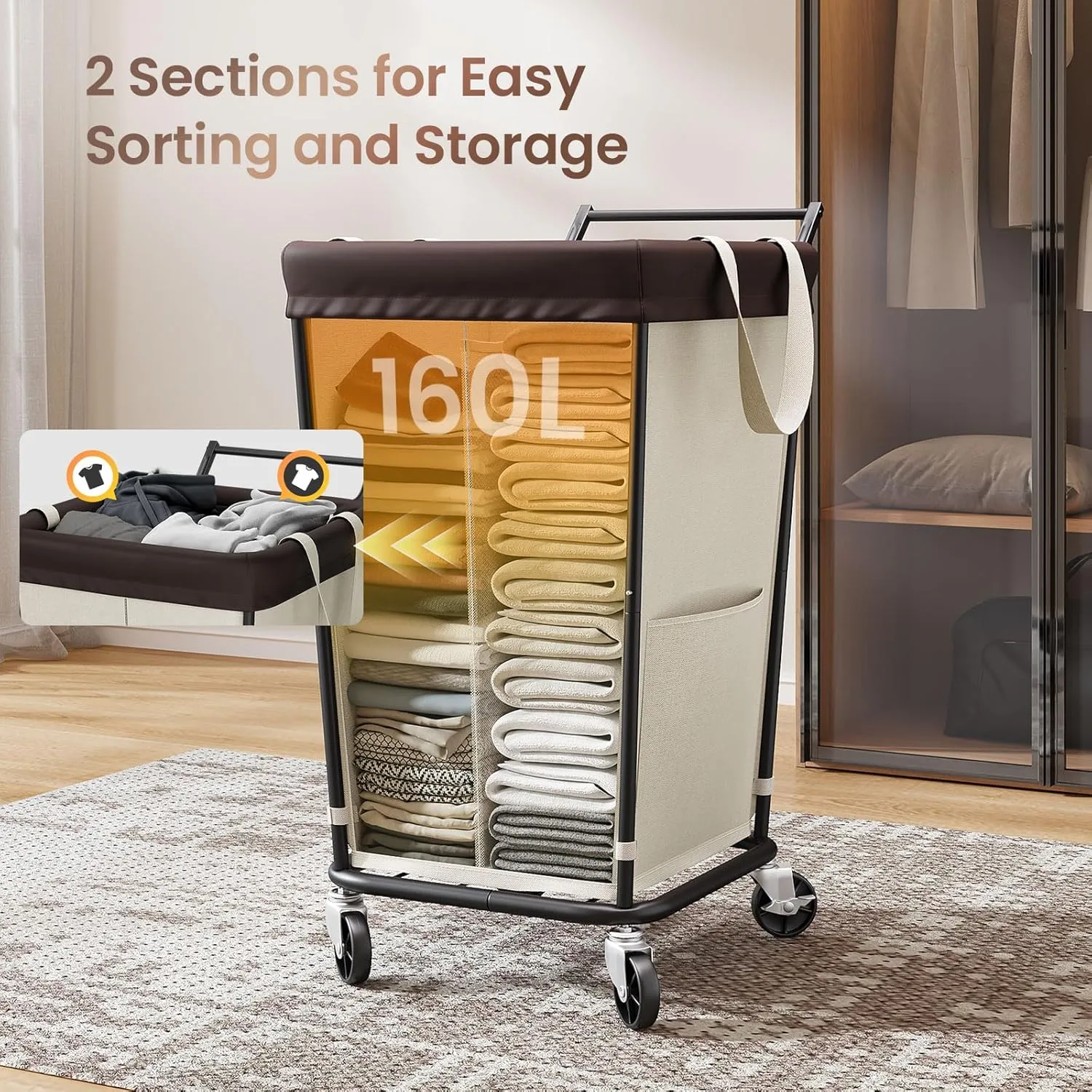 160L Laundry Hamper with Wheels and Handle, 2-Section Rolling Hamper for Laundry, Large Laundry Basket with Wheels, Rolling Laundry Basket Clothes Hamper for Home, Bathroom and Dorm(Beige)