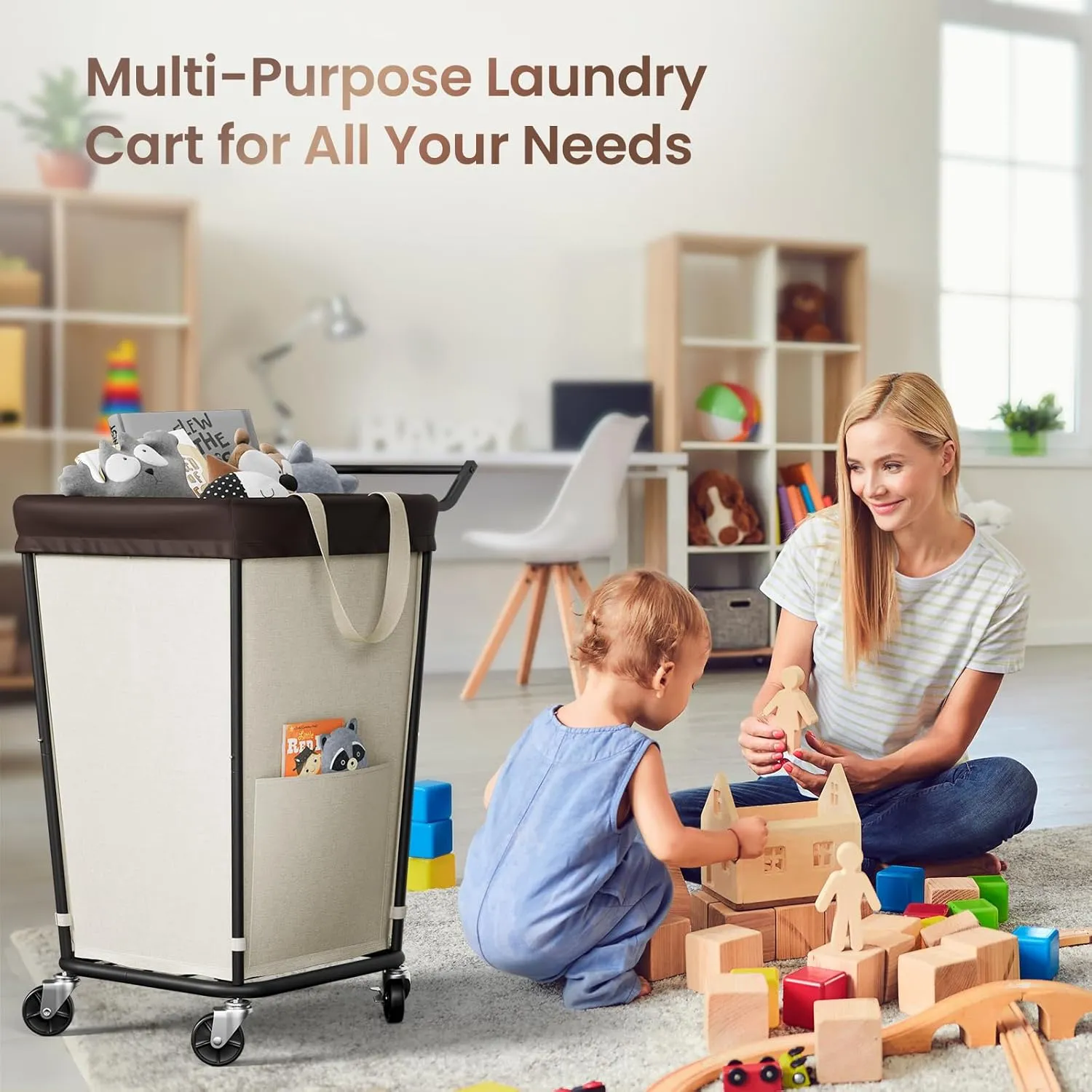 160L Laundry Hamper with Wheels and Handle, 2-Section Rolling Hamper for Laundry, Large Laundry Basket with Wheels, Rolling Laundry Basket Clothes Hamper for Home, Bathroom and Dorm(Beige)