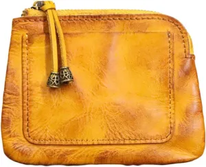 1PCS Mini Coin Purse for Women Zipper Leather Coin Purse Leather Change Purse Coin Purse for Coins and Various Cards Leather Coin Pouch (Yellow)