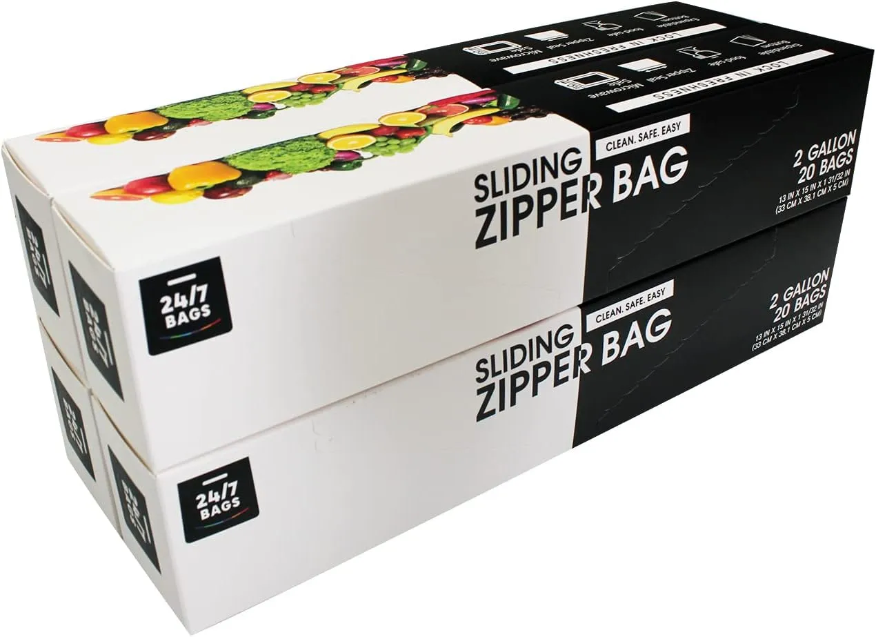 2 Gallon Slider Storage Bags- 80 Count, Featuring Expandable Bottom, Zero BPA, Microwave-Safe(4 boxes of 20)