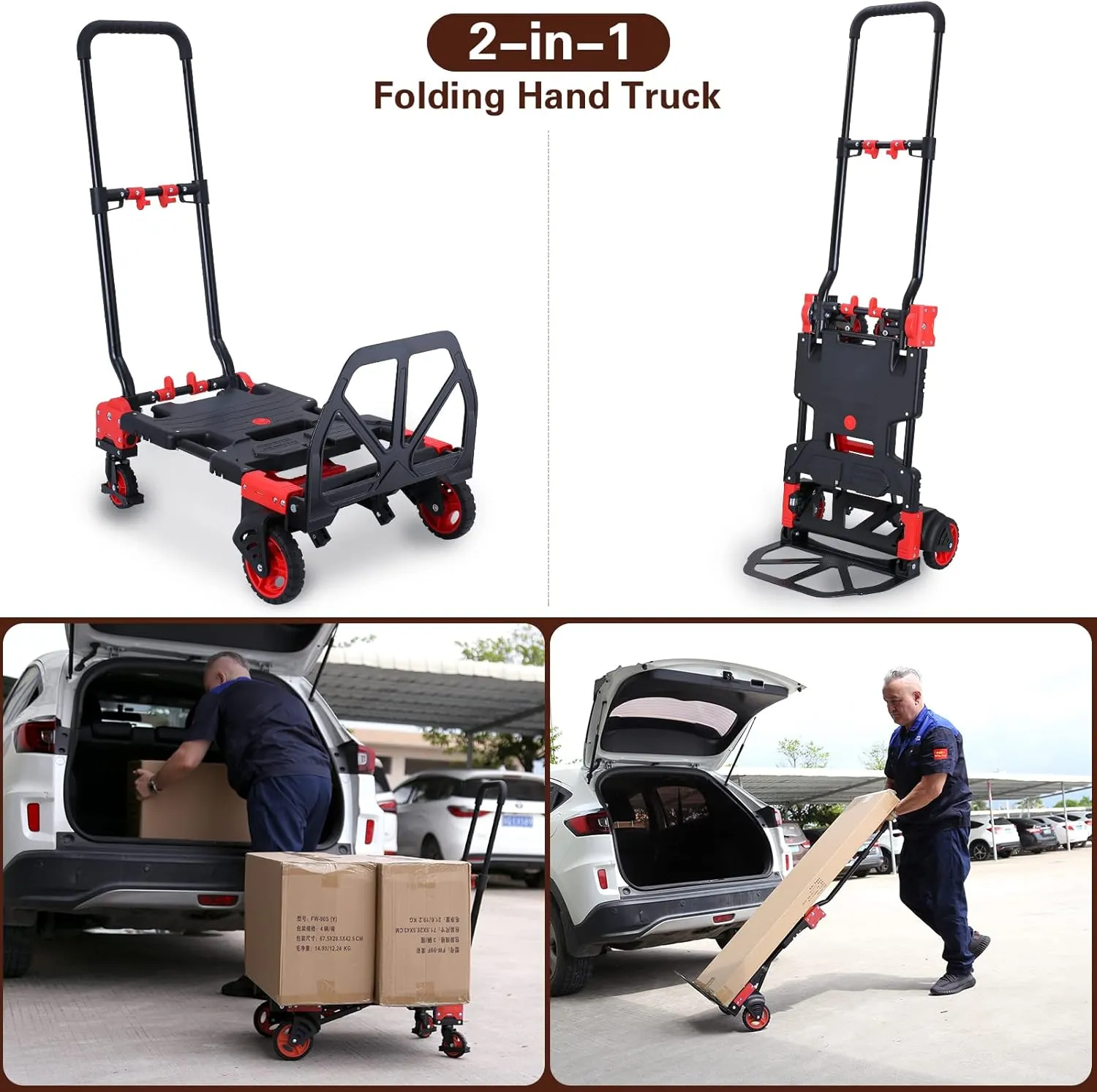 2-in-1Hand Truck Dolly Foldable with Folding Basket,330LBS Capacity Handtruck,Hand Truck Foldable Dolly with 4 Wheels,Dolly Cart with Retractable Handle,Folding Hand Cart for Moving