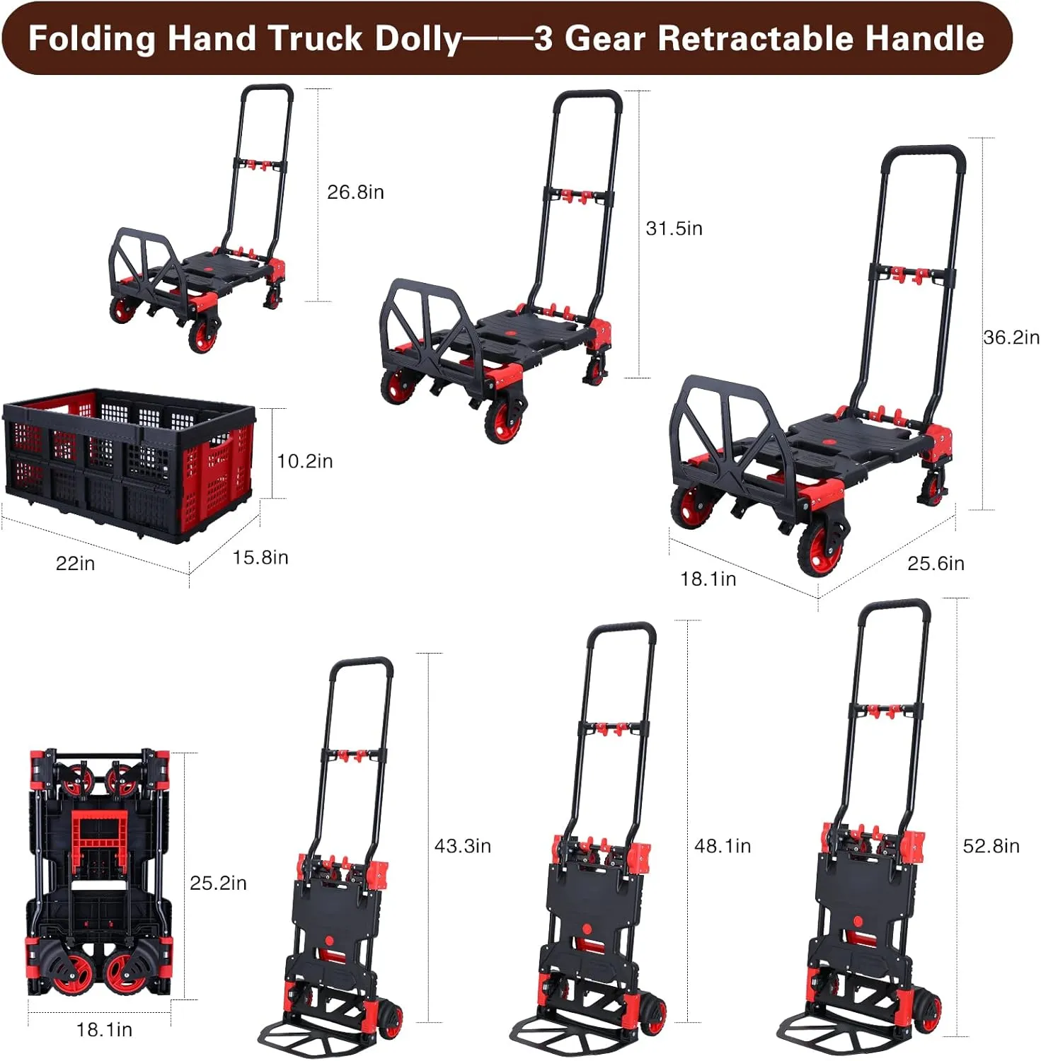 2-in-1Hand Truck Dolly Foldable with Folding Basket,330LBS Capacity Handtruck,Hand Truck Foldable Dolly with 4 Wheels,Dolly Cart with Retractable Handle,Folding Hand Cart for Moving