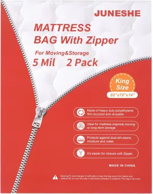 2 Pack King Mattress Bags for Moving and Storage-5 Mil Zipper Plastic Waterproof Mattress Storage Bags