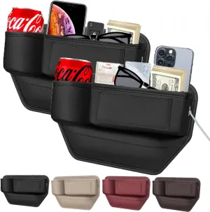 2 Pack Leather Car Seat Gap Filler With Cup Holder, Car Leather Cup Holder Gap Bag, Gap Filler, Universal Fitting, Prevent Phone or Key Falling (Black)