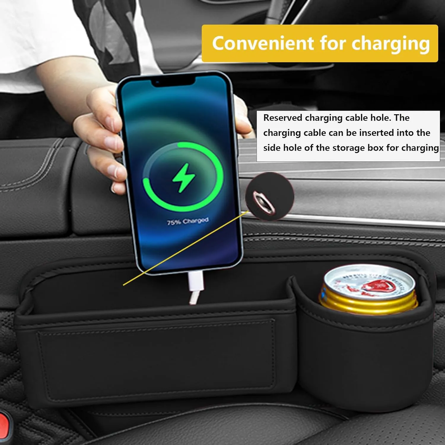 2 Pack Leather Car Seat Gap Filler With Cup Holder, Car Leather Cup Holder Gap Bag, Gap Filler, Universal Fitting, Prevent Phone or Key Falling (Black)