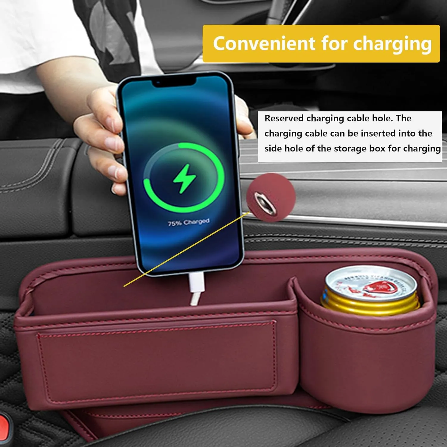 2 Pack Leather Car Seat Gap Filler With Cup Holder, Leather Cup Holder Gap Bag, Car Gap Filler, Universal Fitting, Prevent Phone or Key Falling (Red)