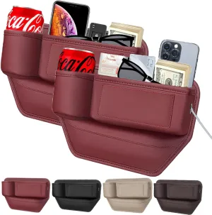 2 Pack Leather Car Seat Gap Filler With Cup Holder, Leather Cup Holder Gap Bag, Car Gap Filler, Universal Fitting, Prevent Phone or Key Falling (Red)