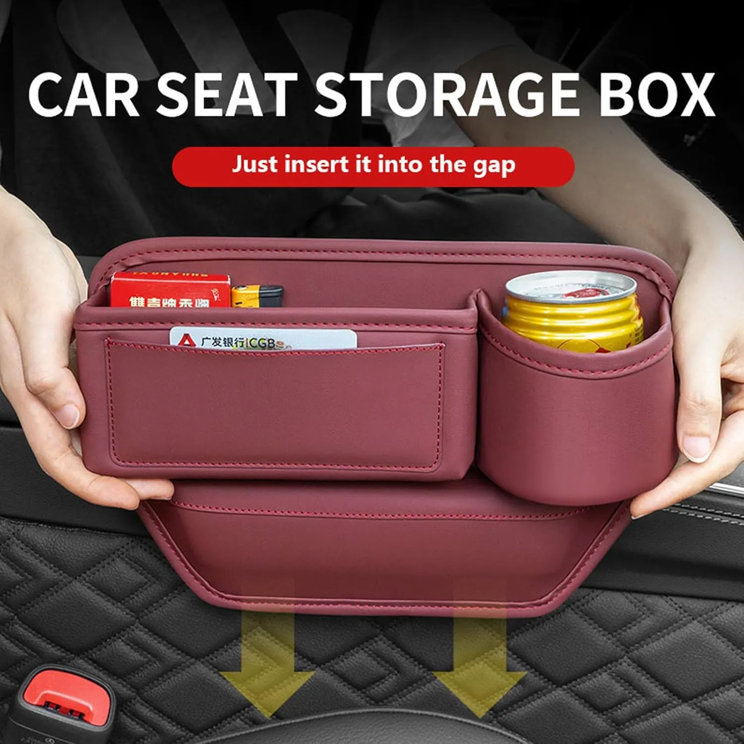 2 Pack Leather Car Seat Gap Filler With Cup Holder, Leather Cup Holder Gap Bag, Car Gap Filler, Universal Fitting, Prevent Phone or Key Falling (Red)