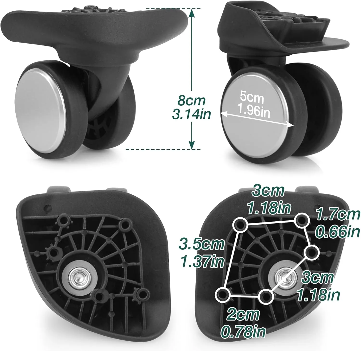 2-Pcs Luggage Wheels Replacement, Double-Row 360 Degree Wheels for DIY Repair, Mute Suitcase Casters for Travel, A137