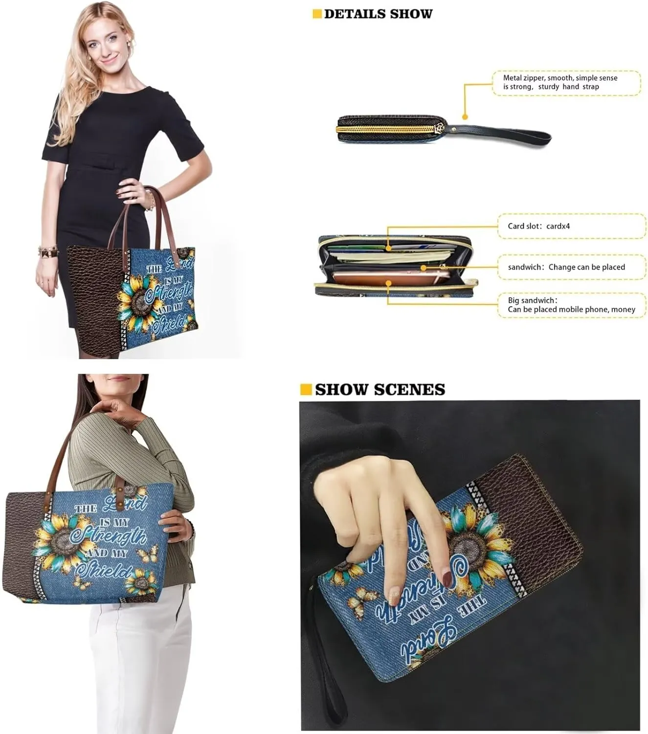 2 Pcs Purse and Wallet Set for Women Zipper Large Tote Bag Top Handle Purse with Leather Clutch