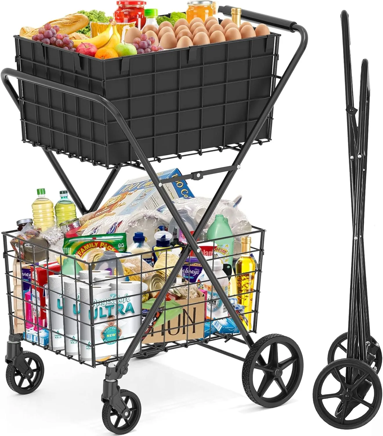 [2025𝐍𝐄𝐖] 2-Tier Extra Large Collapsible Grocery Cart On Wheels, 400lbs Shopping Cart For Groceries With 2 Removable Baskets, Waterproof Liner, Heavy Duty Foldable Shopping Utility Cart For Seniors