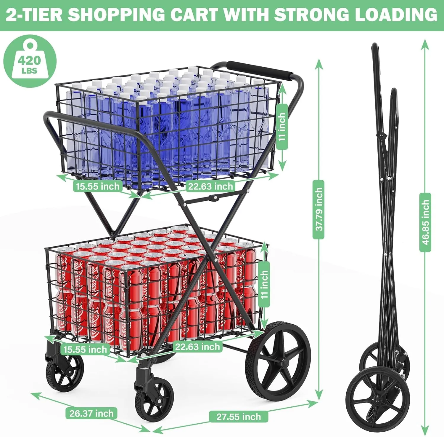 [2025𝐍𝐄𝐖] 2-Tier Extra Large Collapsible Grocery Cart On Wheels, 400lbs Shopping Cart For Groceries With 2 Removable Baskets, Waterproof Liner, Heavy Duty Foldable Shopping Utility Cart For Seniors