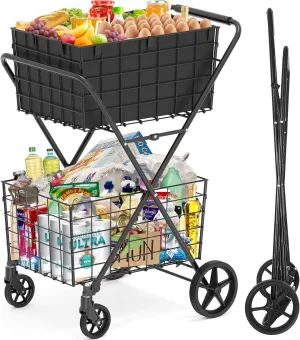 [2025𝐍𝐄𝐖] 2-Tier Extra Large Collapsible Grocery Cart On Wheels, 400lbs Shopping Cart For Groceries With 2 Removable Baskets, Waterproof Liner, Heavy Duty Foldable Shopping Utility Cart For Seniors