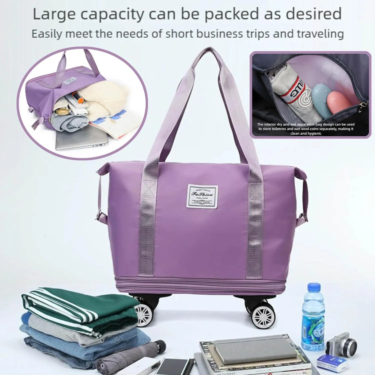 2025 New Pepepo Travel Bag with Wheels,Pepepo Large Capacity Travel Bag,Expandable Foldable Duffle Bag,Dry and Wet Separation Large Expandable Capacity (Light Blue)