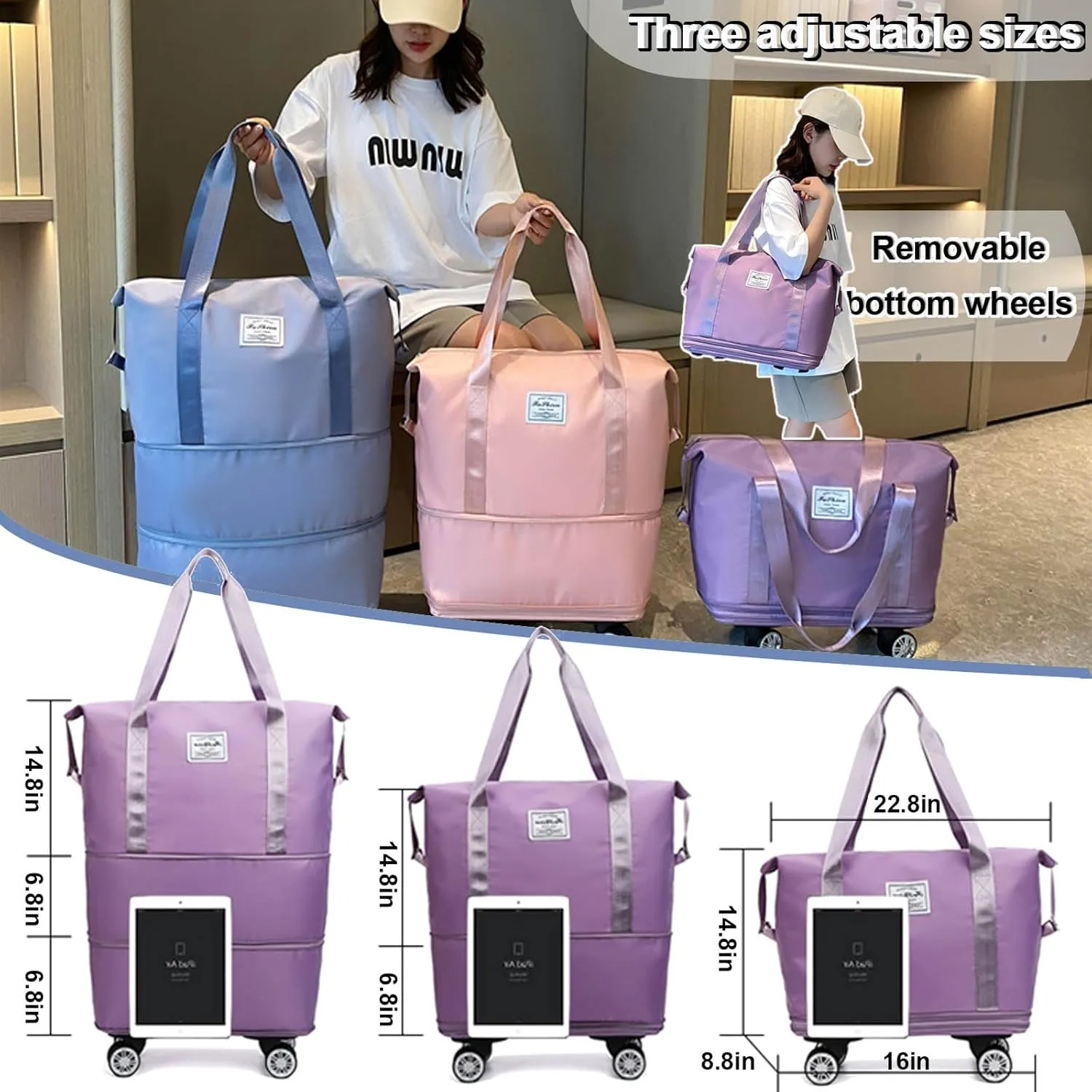 2025 New Pepepo Travel Bag with Wheels,Pepepo Large Capacity Travel Bag,Expandable Foldable Duffle Bag,Dry and Wet Separation Large Expandable Capacity (Light Blue)