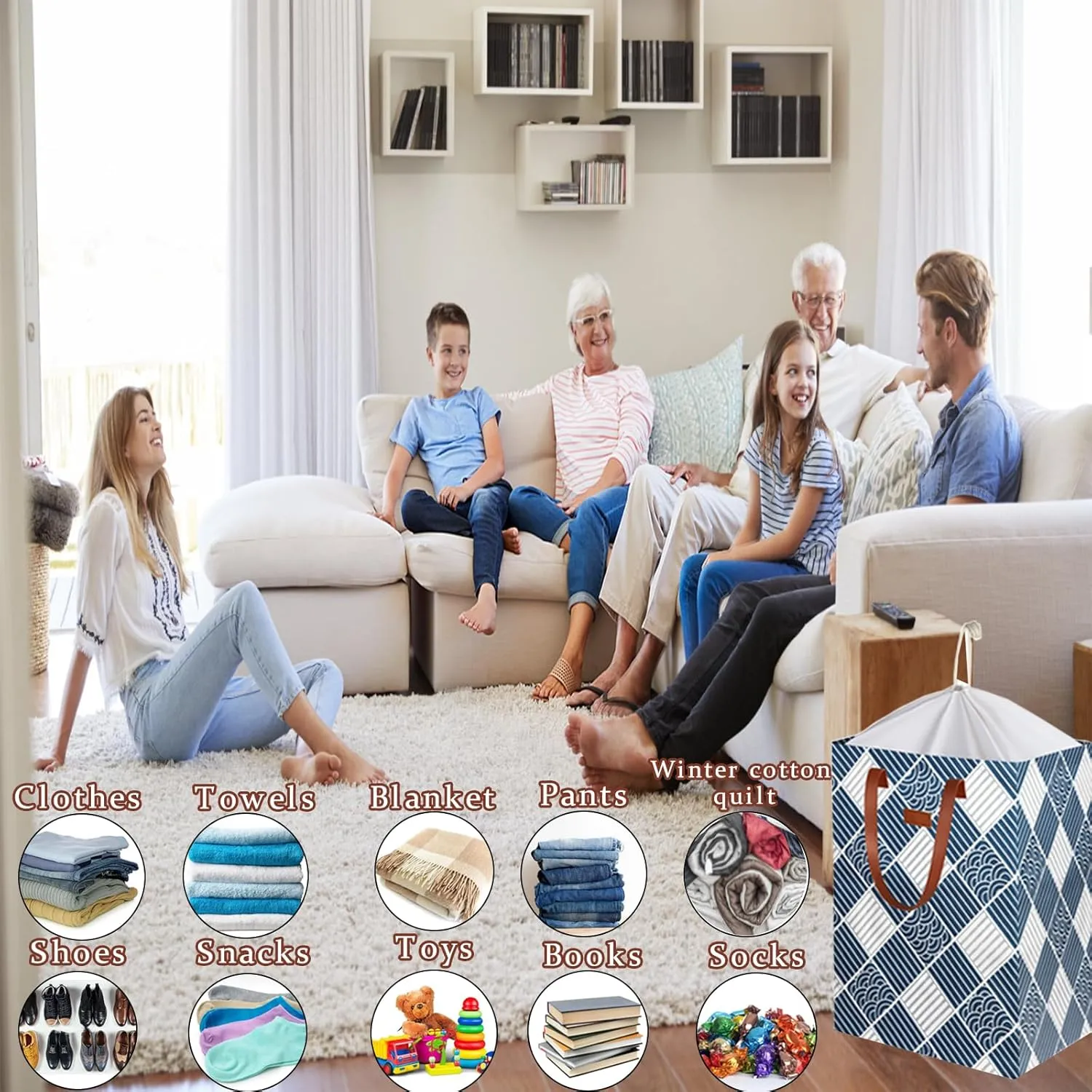204L Drawstring Laundry Hamper Large Waterproof Laundry Basket Collapsible Laundry Bag Extended Leather Handle Clothes Storage Toy Organization (31- Classical Auspicious Decoration)