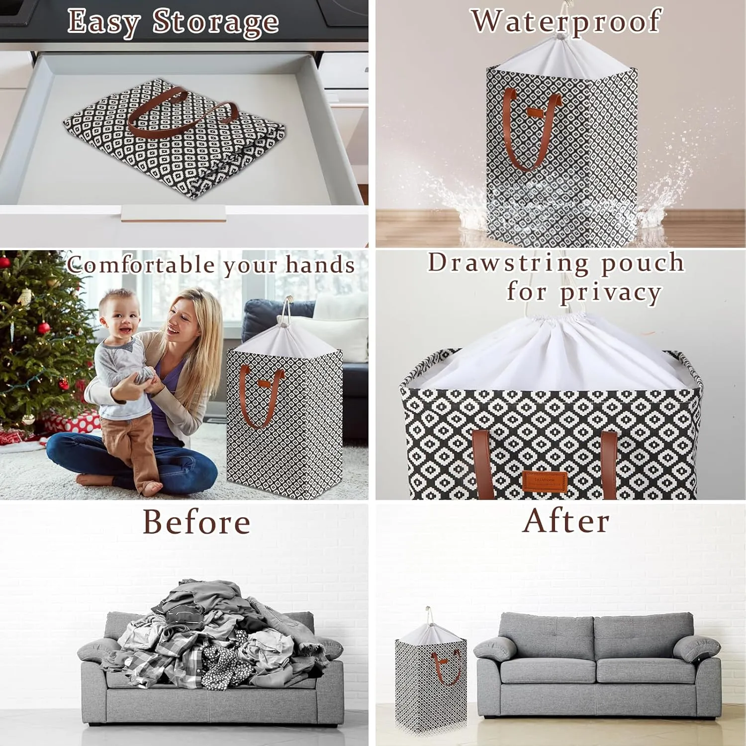 204L Drawstring Laundry Hamper Large Waterproof Laundry Basket Collapsible Laundry Bag Extended Leather Handle Clothes Storage Toy Organization (31- Classical Auspicious Decoration)