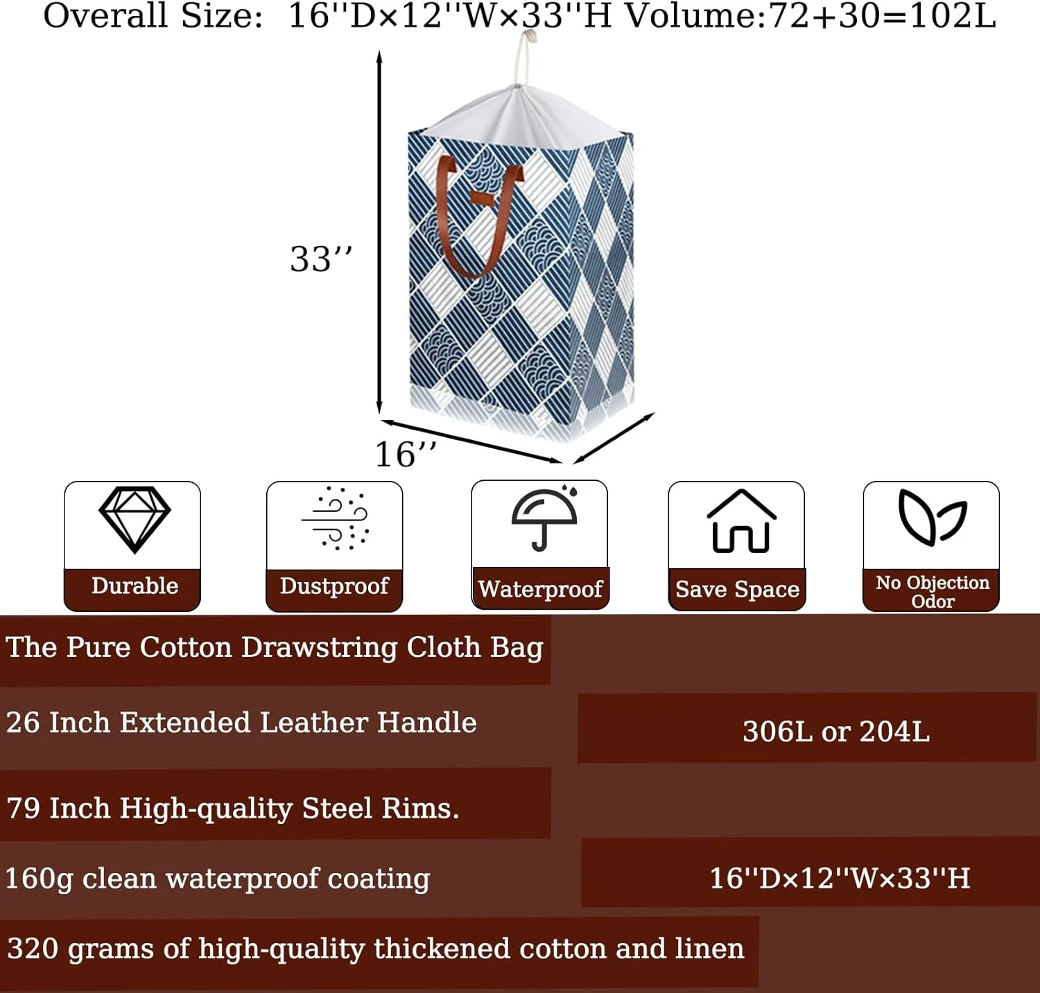 204L Drawstring Laundry Hamper Large Waterproof Laundry Basket Collapsible Laundry Bag Extended Leather Handle Clothes Storage Toy Organization (31- Classical Auspicious Decoration)