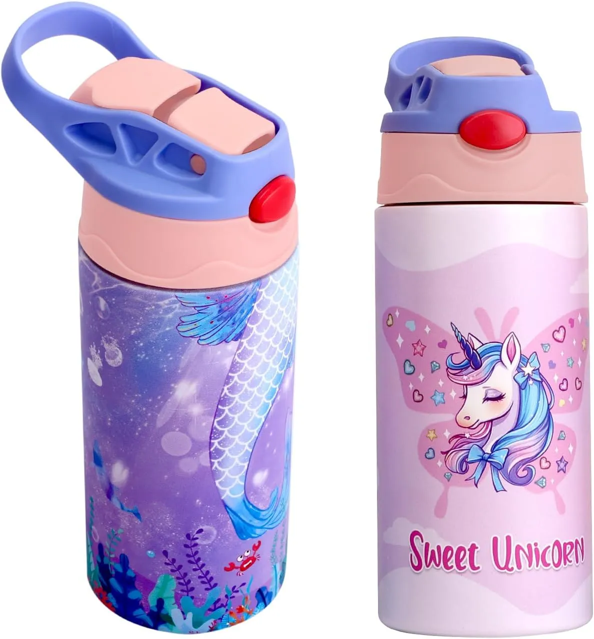 2PCS Kids Insulated Water Bottle, 12.6 oz Stainless Steel Water Bottle, Double Wall Toddler Water Bottle, Water Bottles for Kids BPA-Free for School Boys Girls (2PCS-unicorn mermaid)