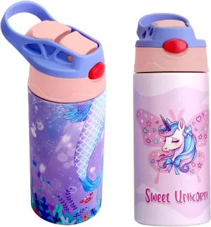 2PCS Kids Insulated Water Bottle, 12.6 oz Stainless Steel Water Bottle, Double Wall Toddler Water Bottle, Water Bottles for Kids BPA-Free for School Boys Girls (2PCS-unicorn mermaid)