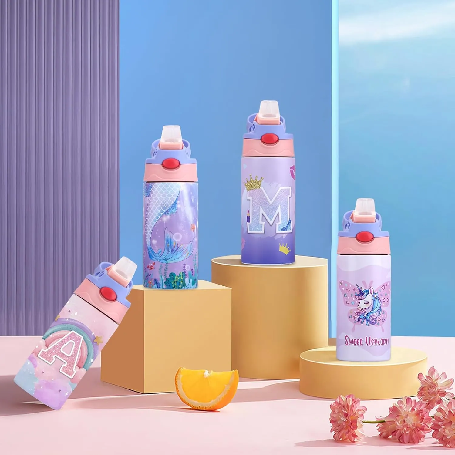 2PCS Kids Insulated Water Bottle, 12.6 oz Stainless Steel Water Bottle, Double Wall Toddler Water Bottle, Water Bottles for Kids BPA-Free for School Boys Girls (2PCS-unicorn mermaid)