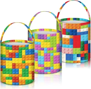 3 Pack Sports Easter Baskets Bucket Canvas Tote Bag with Handle Candy Gift Bag for Holiday Hunt Party Decorations, 3 Styles(Building Blocks)