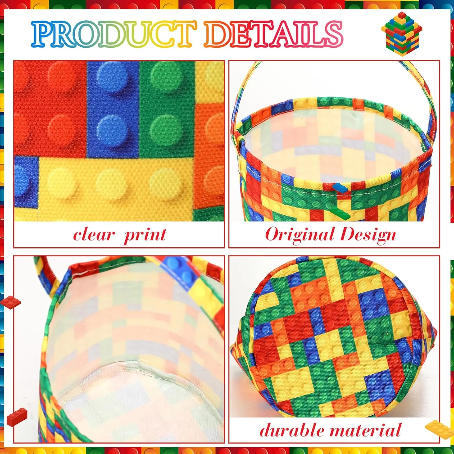 3 Pack Sports Easter Baskets Bucket Canvas Tote Bag with Handle Candy Gift Bag for Holiday Hunt Party Decorations, 3 Styles(Building Blocks)